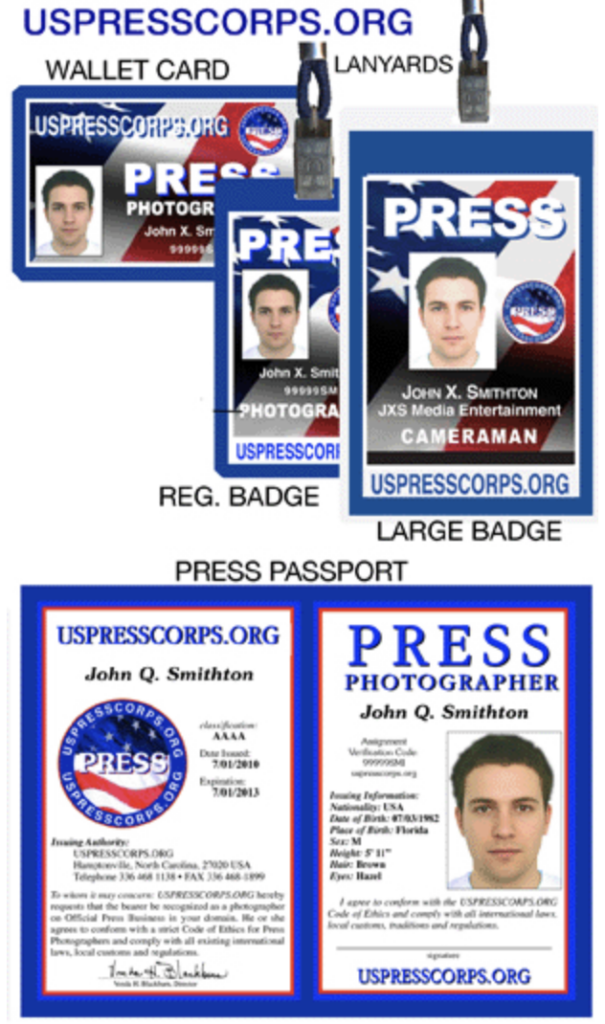 press badge, photo ID badge, press credentials